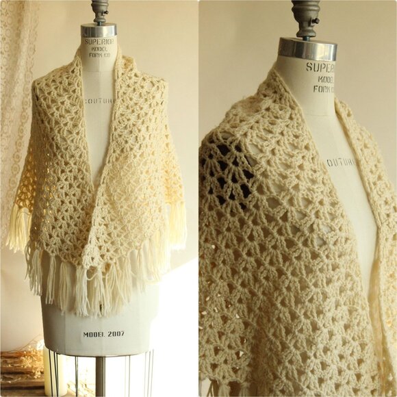 Vintage 1960s 1970s Shawl, Ivory Knit with Fringe Cape or Wrap - Picture 1 of 11